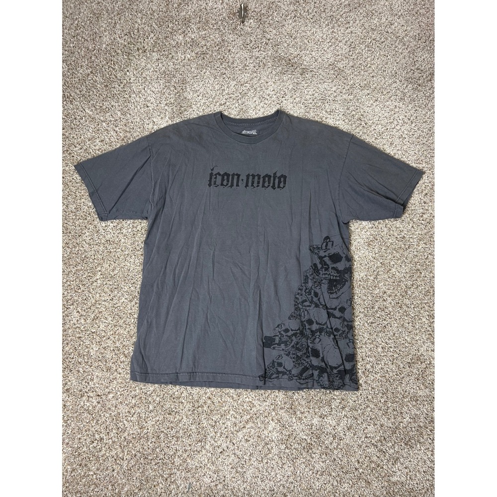 Icon Moto Mens XL Charcoal Gray Skull Graphic T-Shirt Gothic Logo Short Sleeve
